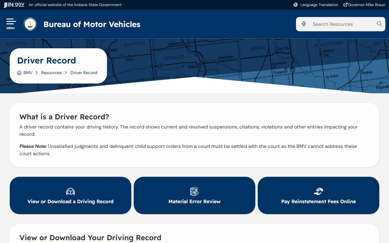 St. Joseph County traffic court records Indiana BMV driver record page