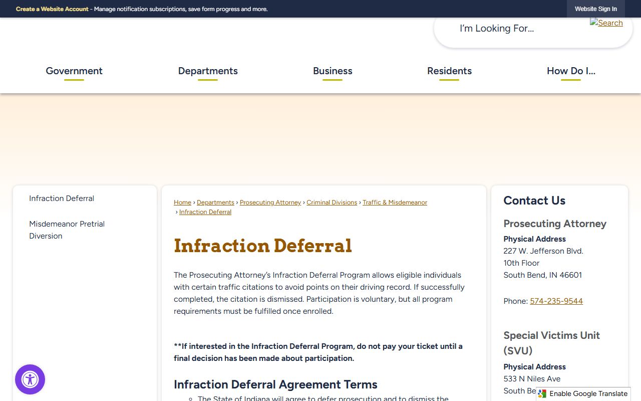 St. Joseph County traffic court records Infraction Deferral Program page